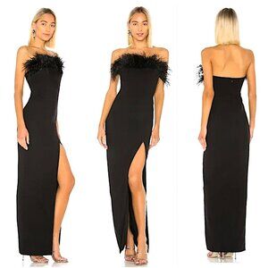 LIKELY Desi Strapless Ostrich Feather Maxi Dress Gown Black
